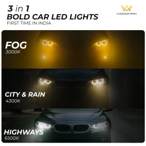 WOODMAN BOLD 3-in-1 LED Headlights – Remote Control Color Changing Car Lights (3000K/4300K/6500K)