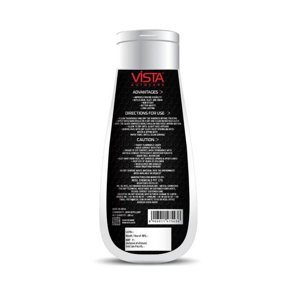 Vista Auto Care Rain Shield 200ml | Rain Repellent for Car Windshields, Window Glasses and Side Rear View Mirrors