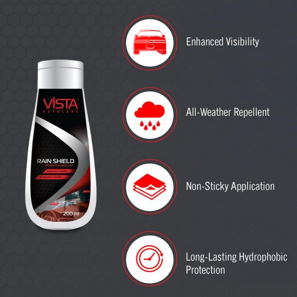 Vista Auto Care Rain Shield 200ml | Rain Repellent for Car Windshields, Window Glasses and Side Rear View Mirrors