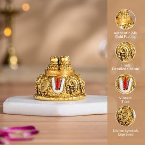 Svastika Lord Balaji Charan for Pooja Room & Car Dashboard | 24K Antique Gold Finish Venkateswara Feet with Shanku & Chakra Namam | Divine Blessings from Tirupati | 2 Inch Polyresin Sculpture