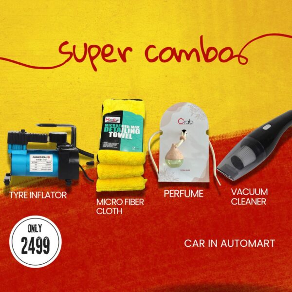 Combo (Tyre Inflator, Vacuum Cleaner, Perfume,  Microfiber Cloth)