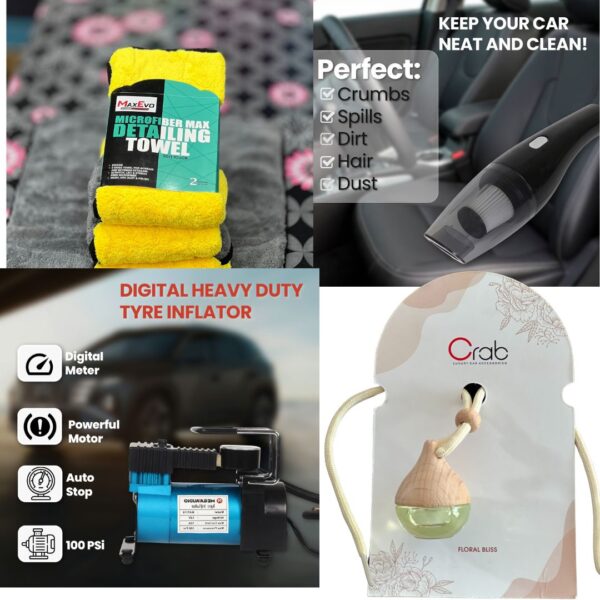 Combo (Tyre Inflator, Vacuum Cleaner, Perfume,  Microfiber Cloth)